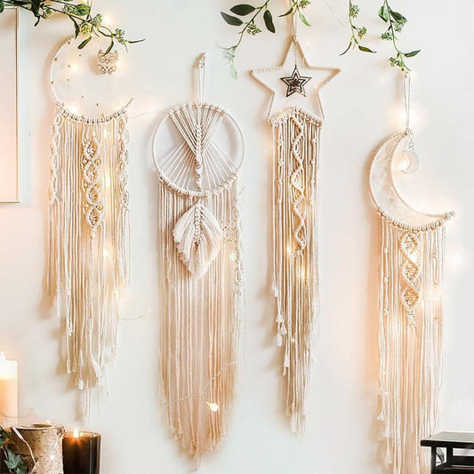 4 Pack Boho Dream Catcher Wall Decor Moon Dream Catcher Macrame Woven Wall Hanging Boho Home Decor Wall Art Beautiful Apartment Dorm Room Decor (Beige)