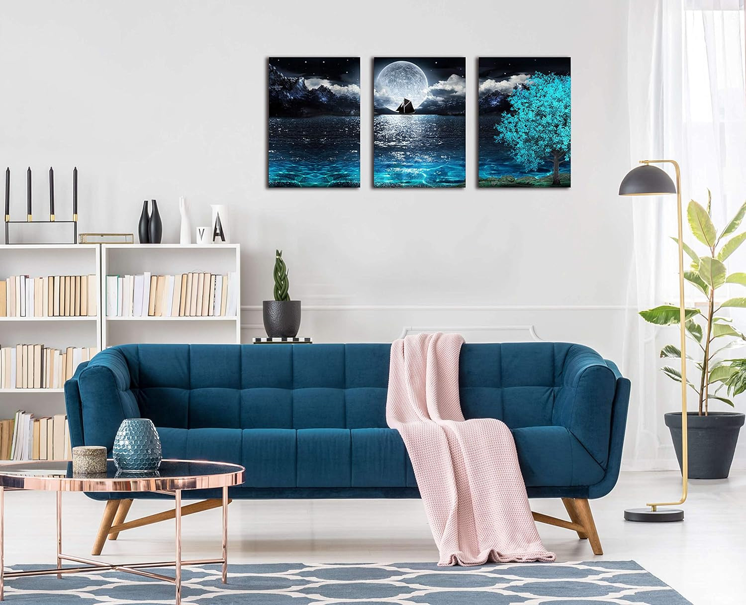 Moon Wall-Art - Teal Ocean Modern Decor Wall Decor for Living Room - Wall Art for Bedroom on Canvas Framed Size 12X16 Inches X3 Pieces