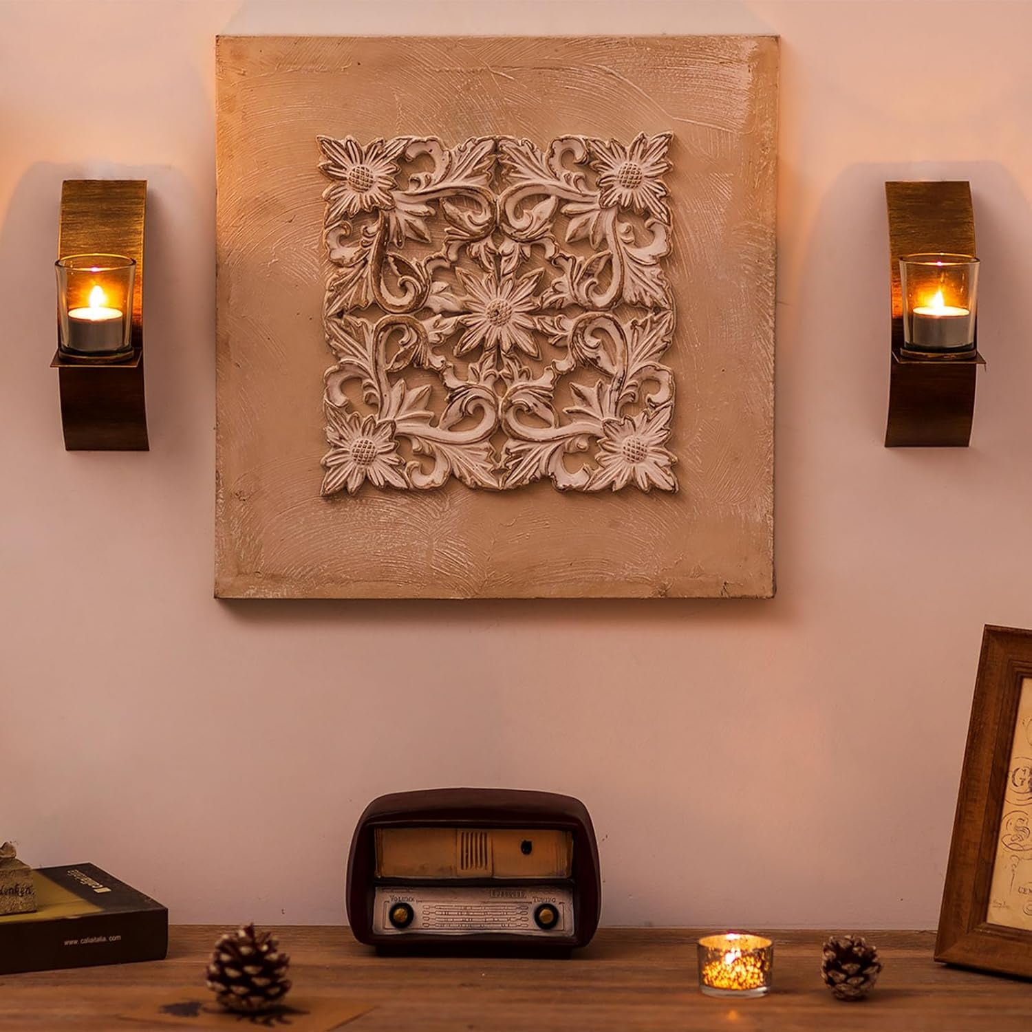 Rustic Wall Candle Holder for Tealight Candles - Rustic Gold and Bronze Wall Mounted Candle Sconces Decorative Metal Wall Decor for Bathroom Hallway Entryway