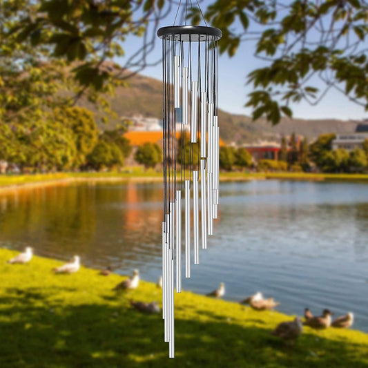 Wind Chime Outdoor Large Sliver Aluminium Tube Wind Chime Solid Wood and 18 Scrub Aluminum Alloy Gold Tubes Wind Chime 36’’ Large Sliver Wind Chime for Party, Garden, Decor, Gift Etc (Silver)
