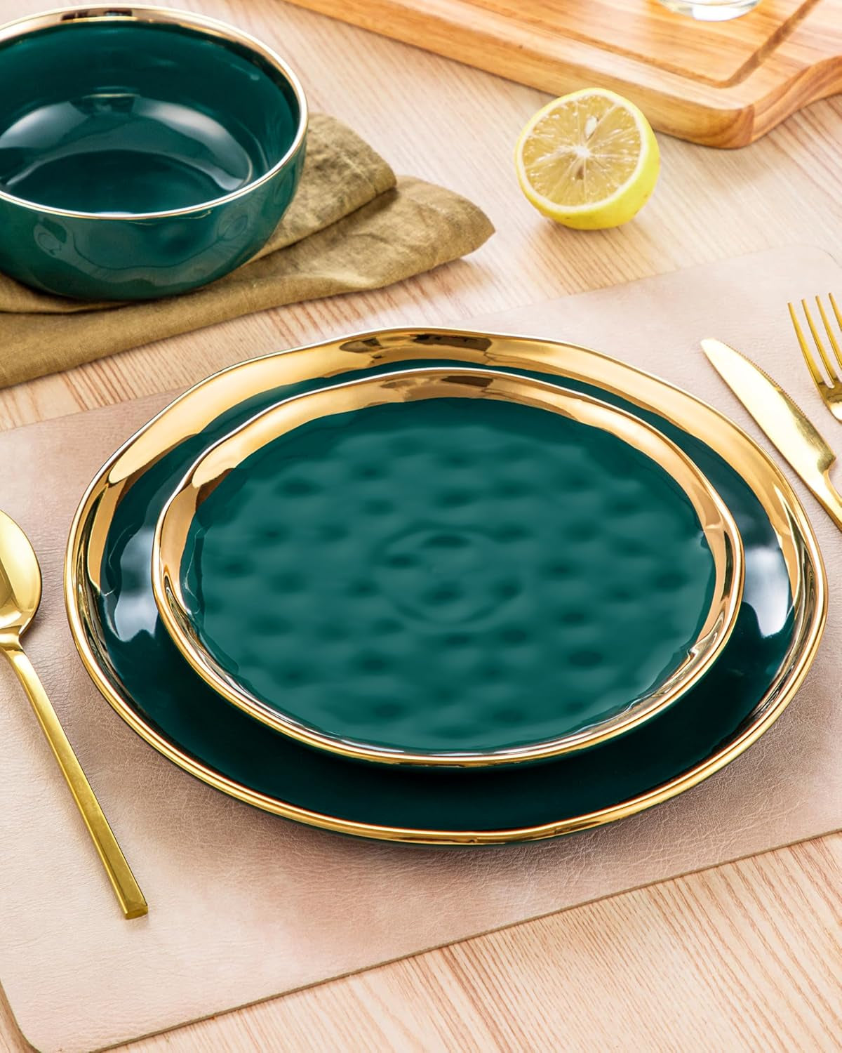 12 Pieces Plates and Bowls Sets, Porcelain Green and Gold Dinnerware Sets, round Dinner Plates Dishes Set Service for 4, Dishwasher Safe and Scratch Resistant, Green