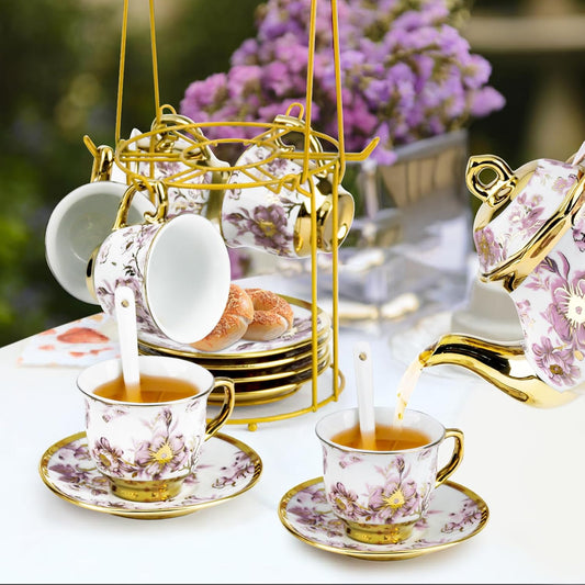 20 Pcs Porcelain Tea Set with Metal Holder, European Ceramic Tea Set for Adults, Adult Tea Set Gift, Flower Tea Cup Saucer Set for Party with Gold Flower Painting (Elegant Purple)