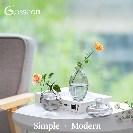 Gray Glass Bud Vase, 3Pcs/Set Modern Decorative Small Mini Flowers Vases Short Minimalist Aesthetic Home Decor Vintage Cute Handmade Tiny Wedding Table Centerpieces for Single Flower Rose