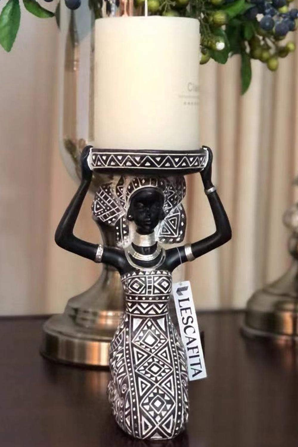 African Lady Figurine Candle Holder with African Tribal Totem for Wedding, Holiday Decor-African Decorative Women Statues, Candlestick Holder for Home and Table Decor(753-Black)