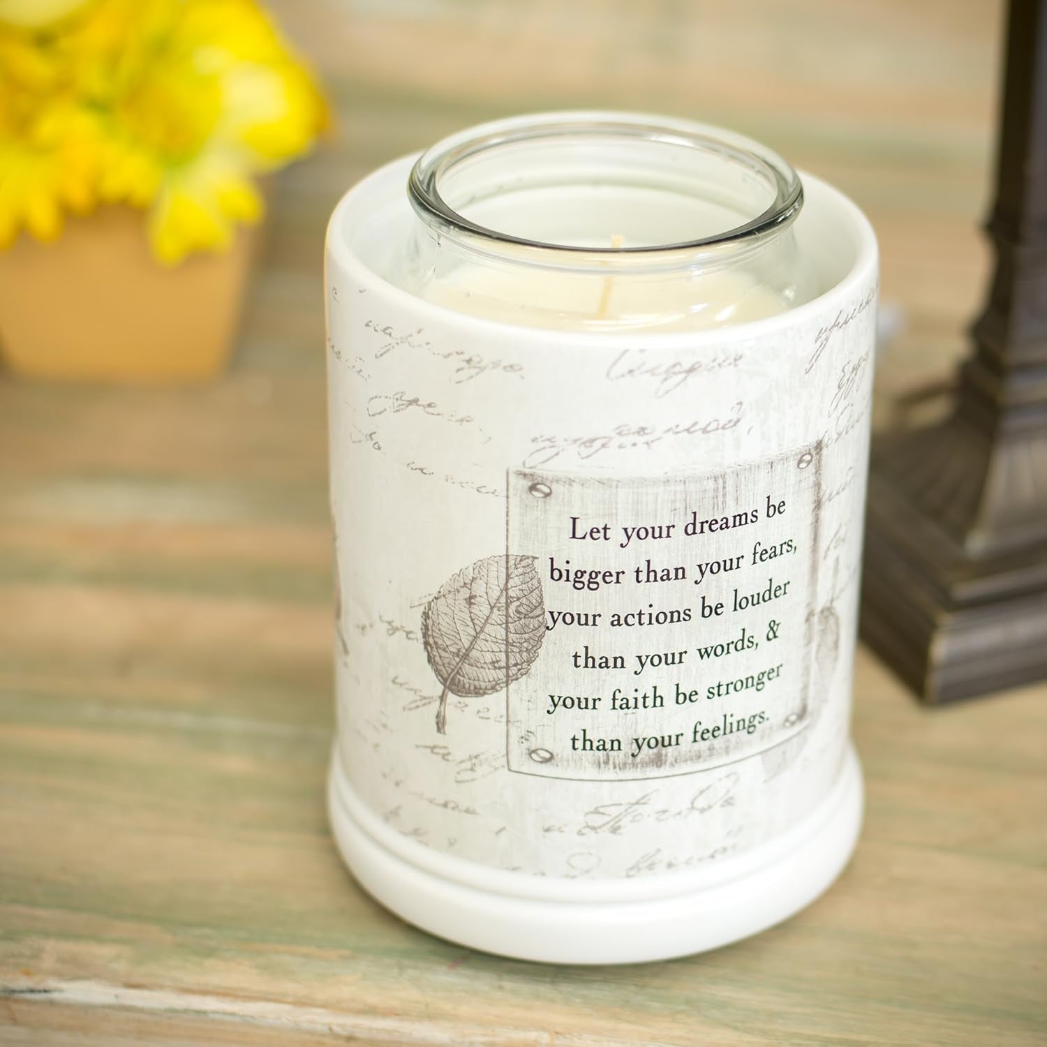 Dream Bigger Actions Louder Faith Stronger Grey Leaves White Ceramic Stone Jar Warmer
