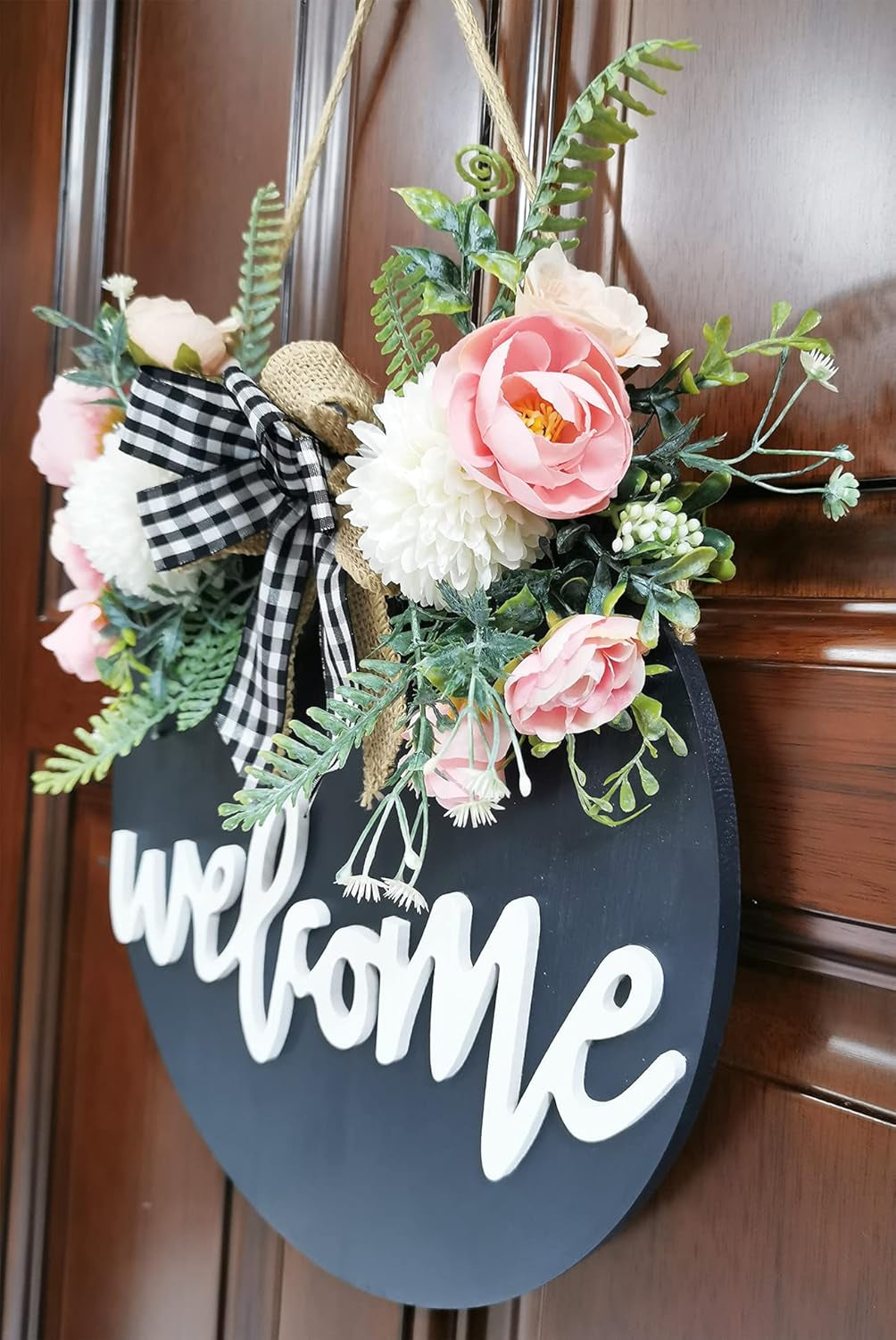 Welcome Sign for Front Door, Farmhouse Porch Décor Wooden Hanging round Sign 12" Black-Floral