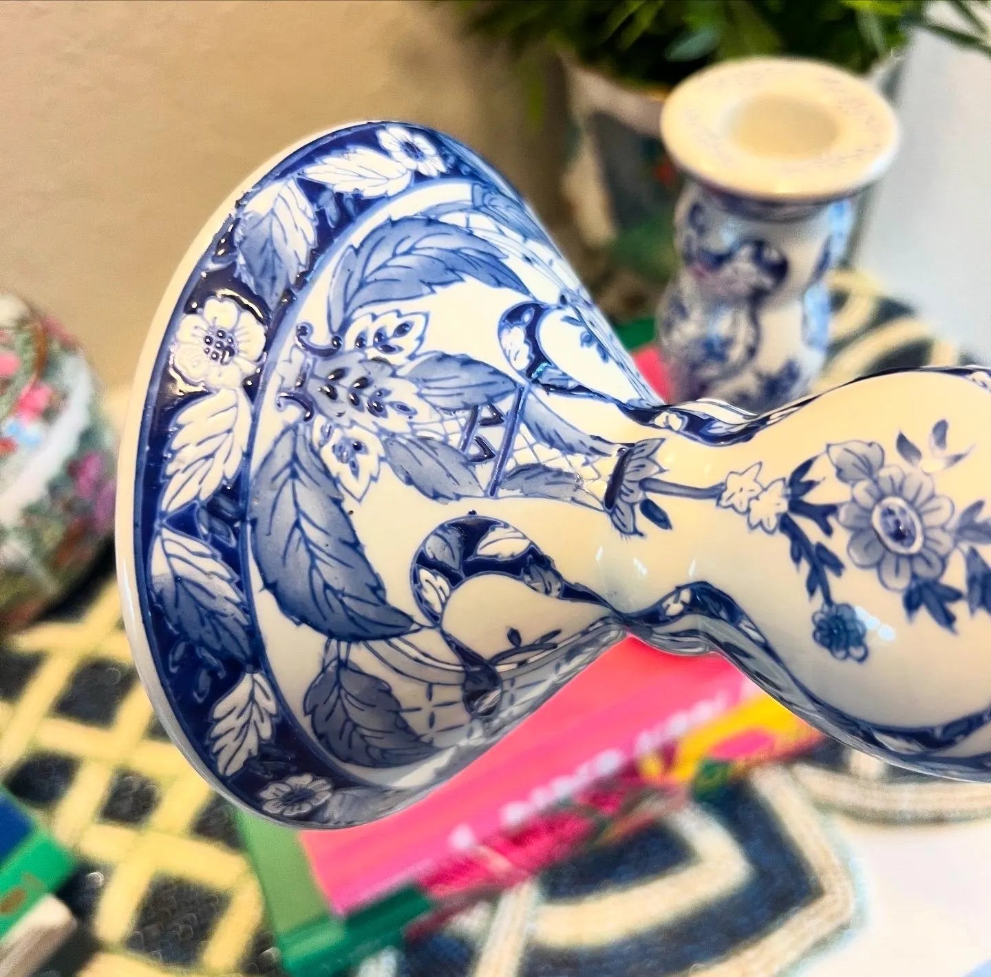 Vintage Chinese Porcelain Embossed Blue & White Candle Holders, 6.75”