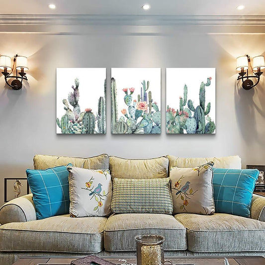 Canvas Wall Art for Bedroom Living Room Canvas Prints Artwork Bathroom Wall Decor Green Plants Cactus Flower Watercolor Painting 16" X 24" 3 Pieces Modern Framed Ready to Hang Office Home Decoration