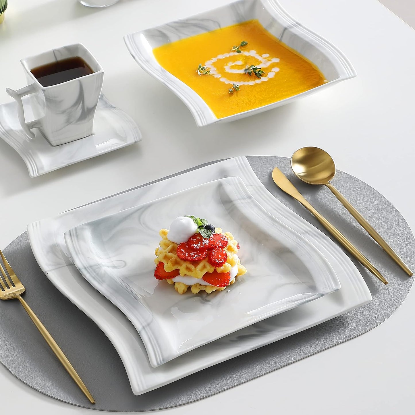Plates and Bowls Sets, 30 Piece Porcelain Dinnerware Sets for 6, Square Dinnerware Set with Dinner Plate, Dessert Plate, Soup Plate, Cup and Saucer, Modern Dish Set, Marble Grey, Series Flora