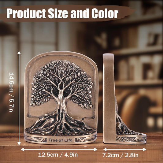 Antique Bronze Color Tree of Life Bookends Set, 2 Decorative Bookends for Shelves or Bookcase, Non-Skid Heavy Bookends for Desktop Shelf Decor, Library Office Decor, Home Décor Gift (Bronze Color)