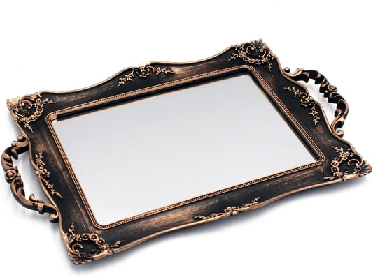 Antique Decorative Gold Framed Square Mirror Tray, Jewelry & Cosmetics Organizer for Dresser, Square - 9.5" W X 14.5" L (Bronze)