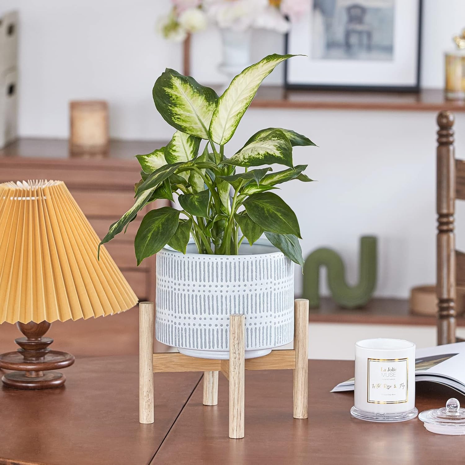 Ceramic Plant Pot with Wood Stand - 7.3 Inch Modern round Decorative Flower Pot Indoor with Wood Planter Holder, Slate Blue and White