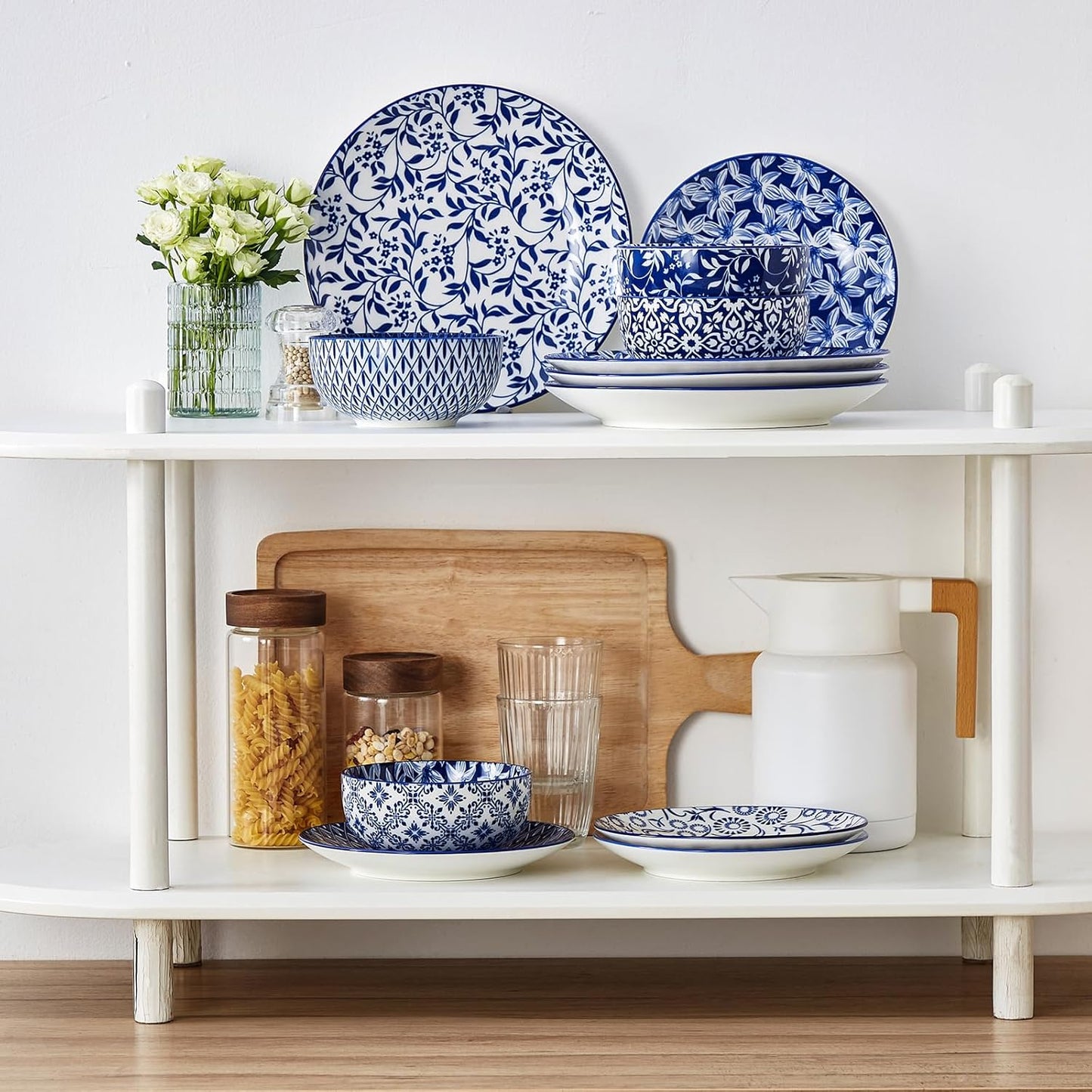 SELENE Plates and Bowls Set for 4, 12 Pieces Dinnerware Sets, Mircowave and Dishwasher Safe Dishes Set, Porcelain Blue Dinnerware