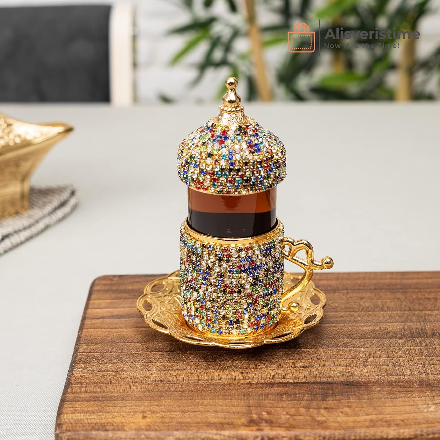 Crystal-Embellished Turkish Tea Glass Set with Zamak Holders and Saucers (SET of 6) (Multi)