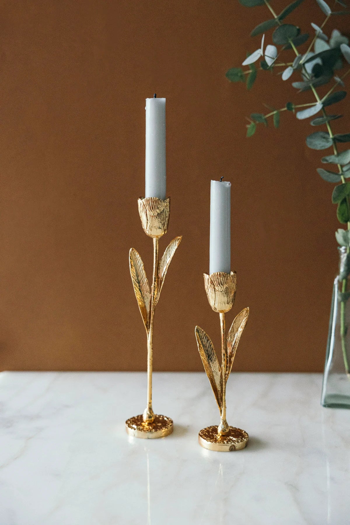 Elegant Gold Leaf Botanical Candle Holders, Set of 2 - Luxurious Decorative Accents for Home, Wedding, Events, and Romantic Evenings