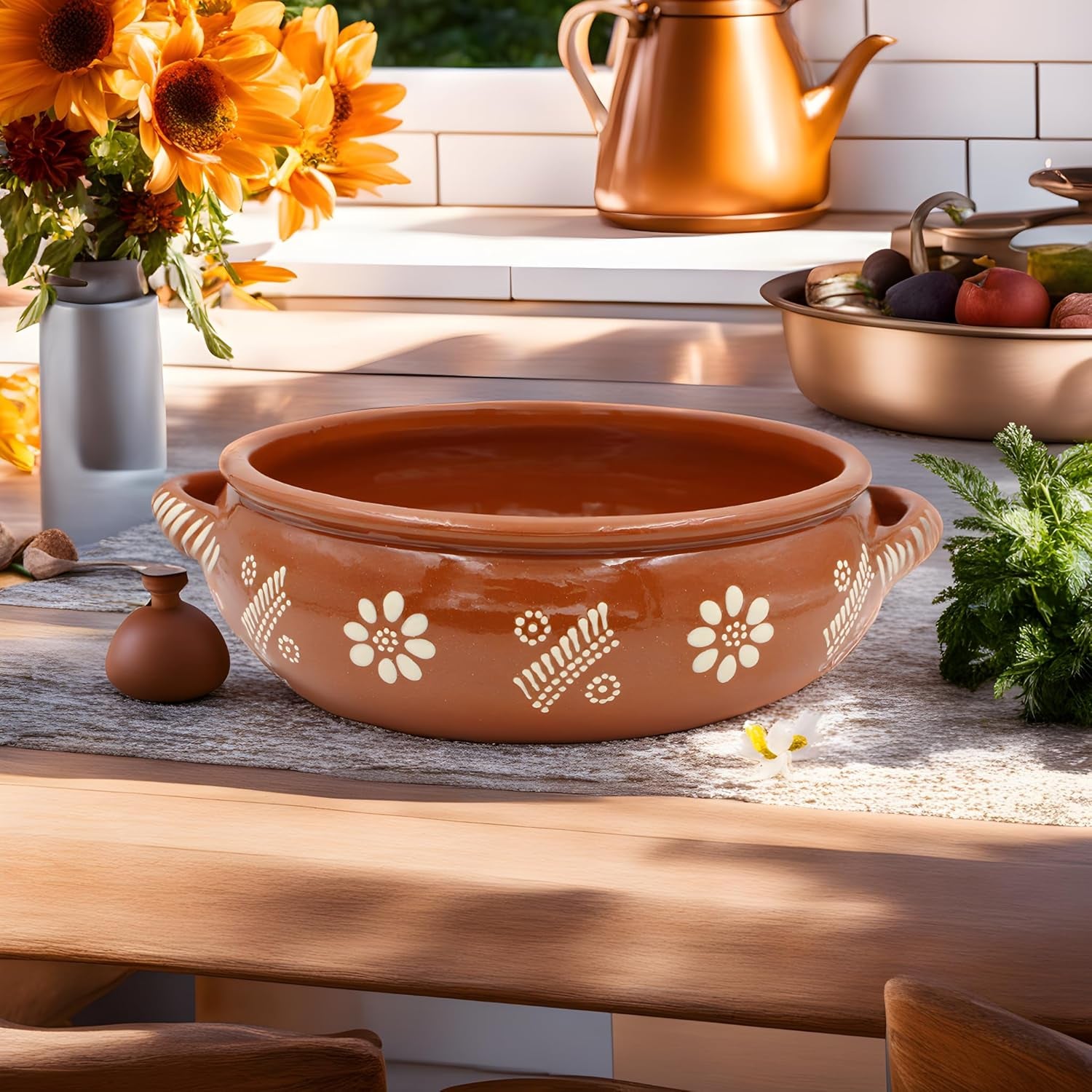 Traditional Portuguese Hand-Painted Vintage Clay Terracotta Cooking Pot Cazuela (N.2 7" Diameter)