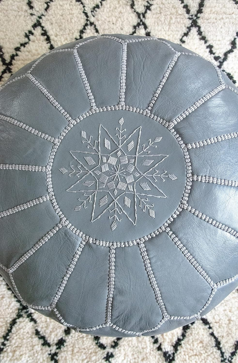 Premium Moroccan Leather Pouf - Handmade - Delivered Stuffed - Ottoman, Footstool, Floor Cushion (Grey)