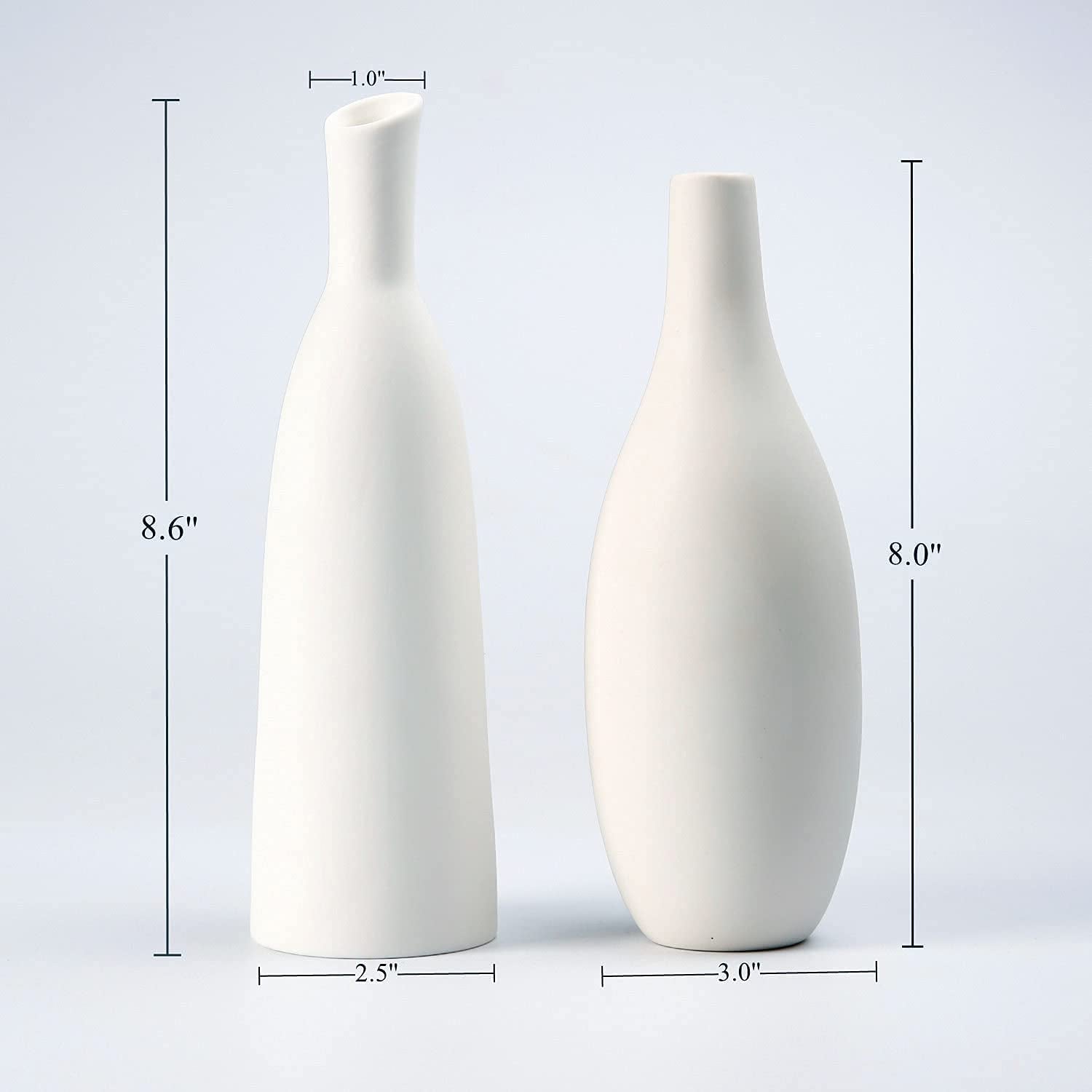 Ceramic Vase Set of 2, Small Flower Vases, White Frosted Matte Surface Vases for Rustic Home Decor