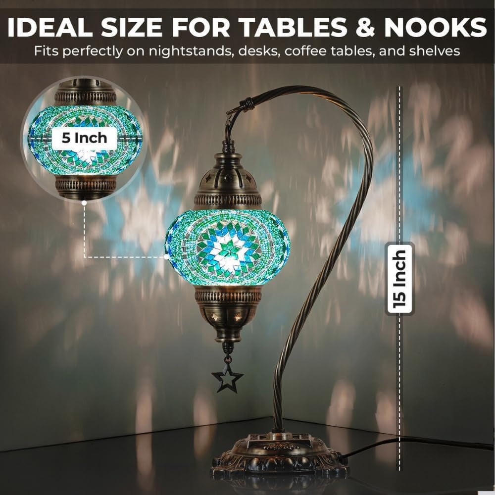 Handmade Turkish Mosaic Table Lamp - Boho Chic Bedside Light in Antique Brass Finish, 15" H, Multicolor Accent for Bedroom & Living Room