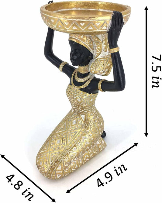 African Lady Figurine Candle Holder with African Tribal Totem for Wedding,Church,Holiday Decor-African Decorative Women Statues, Candlestick Holder for Home and Table Decor(753-Gold)