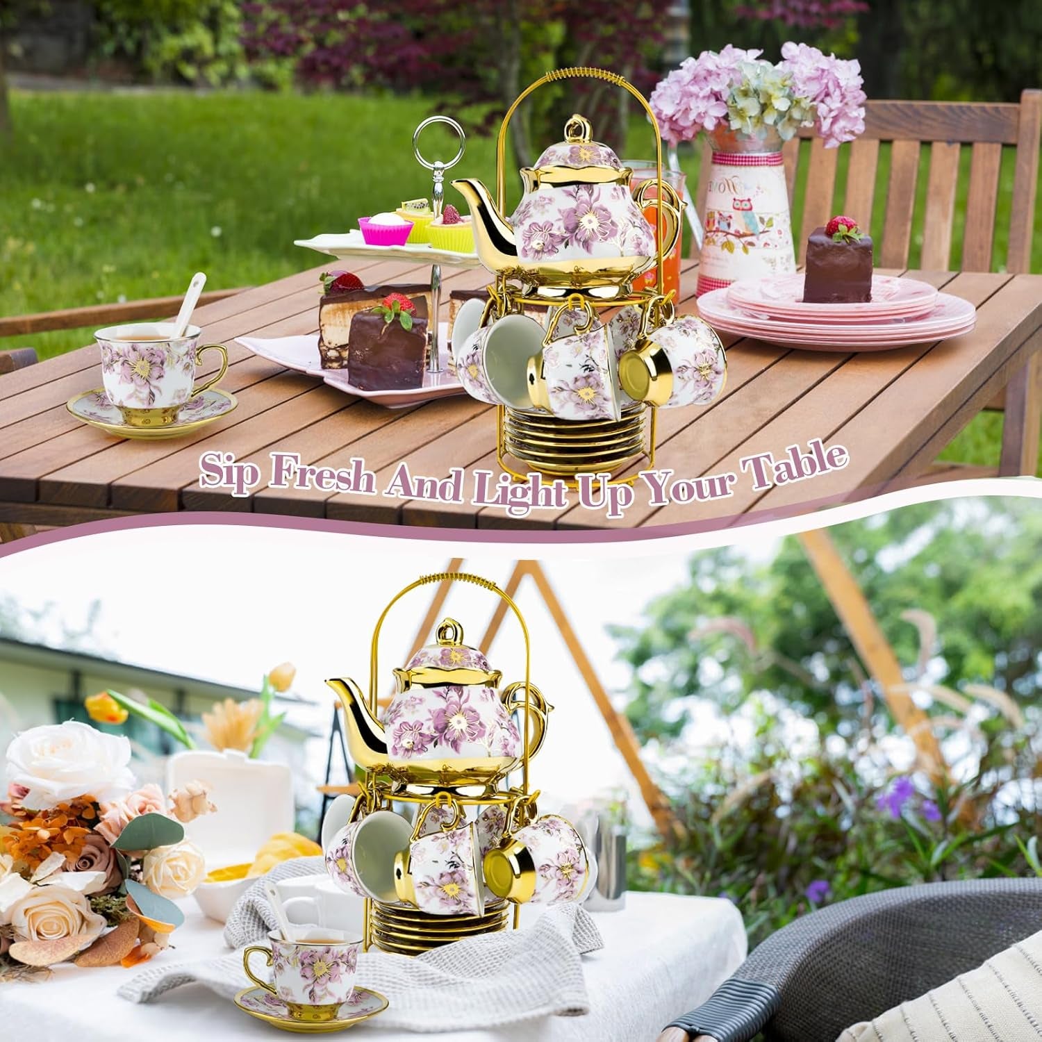 20 Pcs Porcelain Tea Set with Metal Holder, European Ceramic Tea Set for Adults, Adult Tea Set Gift, Flower Tea Cup Saucer Set for Party with Gold Flower Painting (Elegant Purple)