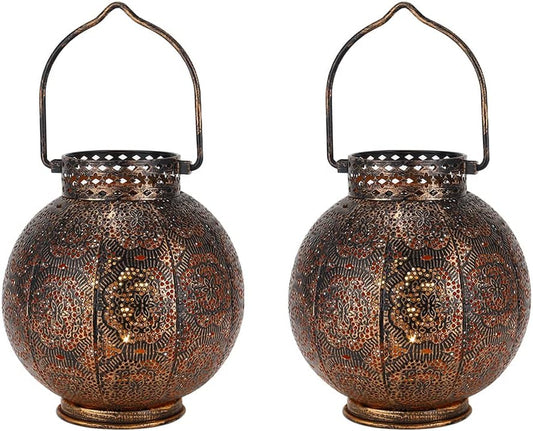 Set of 2 Moroccan Decorative Lamps 7'' High Battery Powered Cordless Lamp Metal Table Lamps with Fairy Lights Bulb for Home Living Room Garden Yard Party Events Tabletop Indoor Outdoor(Brown)
