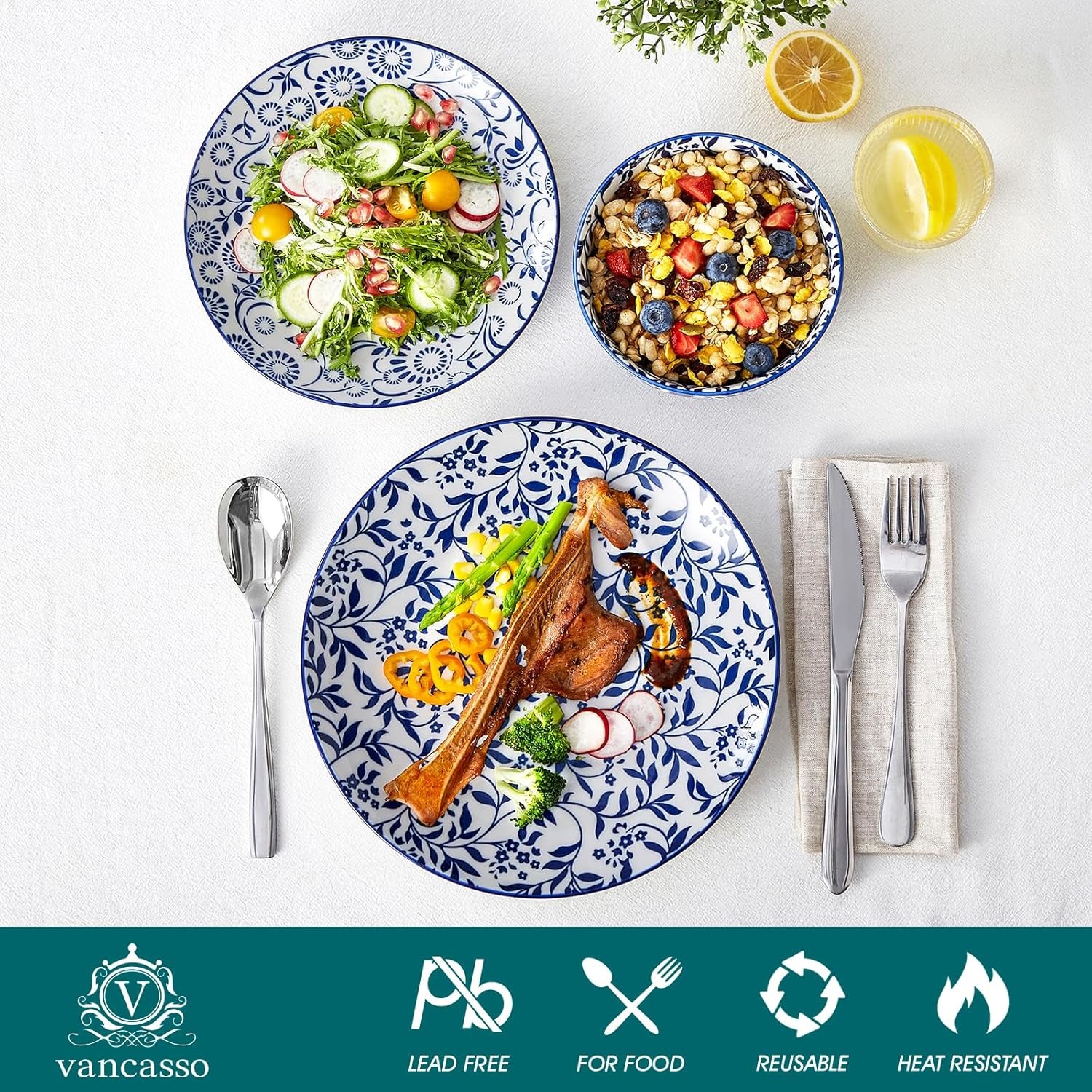 SELENE Plates and Bowls Set for 4, 12 Pieces Dinnerware Sets, Mircowave and Dishwasher Safe Dishes Set, Porcelain Blue Dinnerware