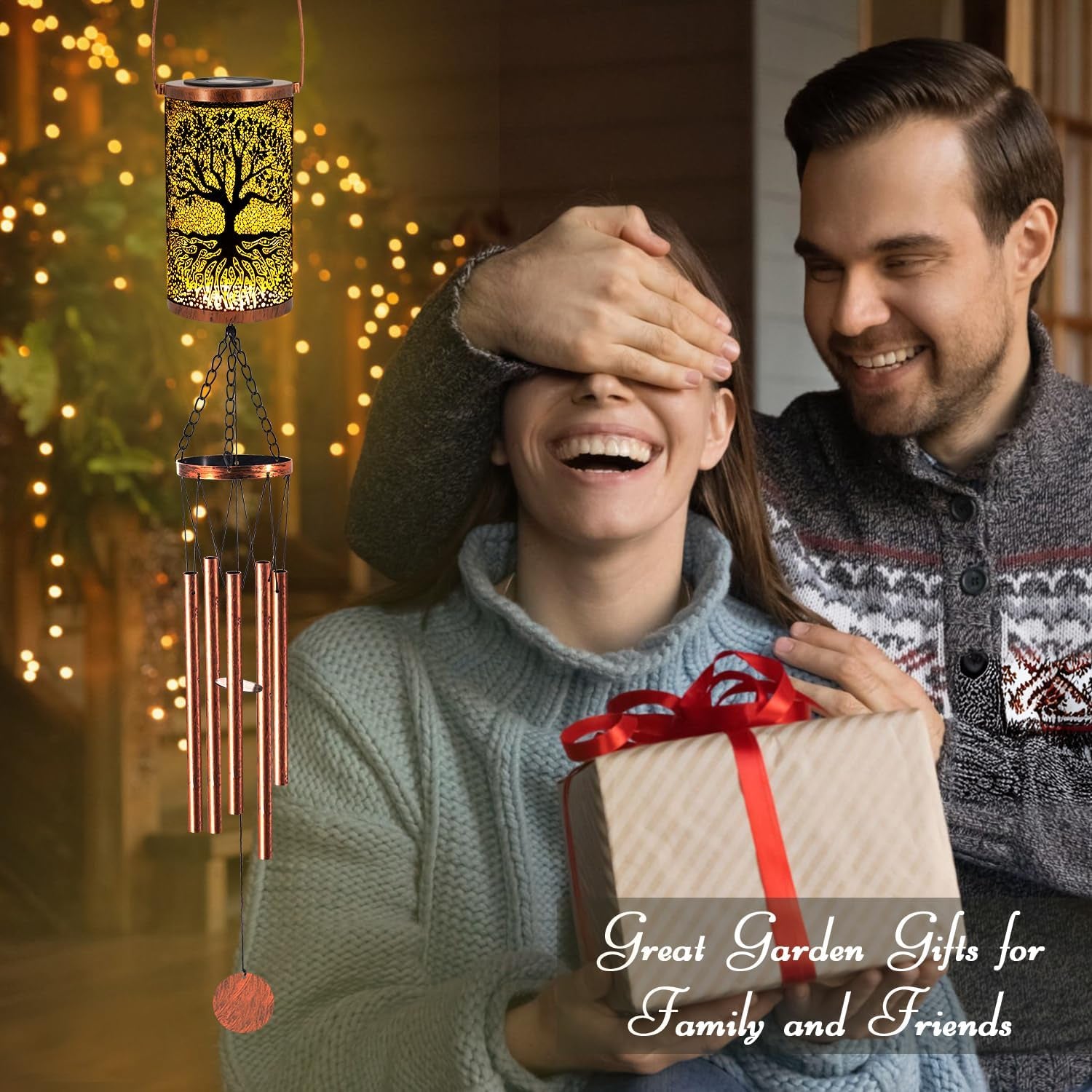 36" Solar Wind Chimes Hanging Lights Outdoor Detachable Led Lantern Metal Wind Chimes for outside Unique Tree Life Garden Hanging Solar Decorative as Gift for Mom Women Grandma (Bronze)