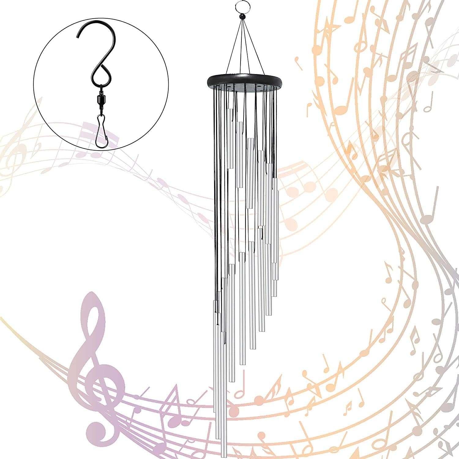 Wind Chime Outdoor Large Sliver Aluminium Tube Wind Chime Solid Wood and 18 Scrub Aluminum Alloy Gold Tubes Wind Chime 36’’ Large Sliver Wind Chime for Party, Garden, Decor, Gift Etc (Silver)