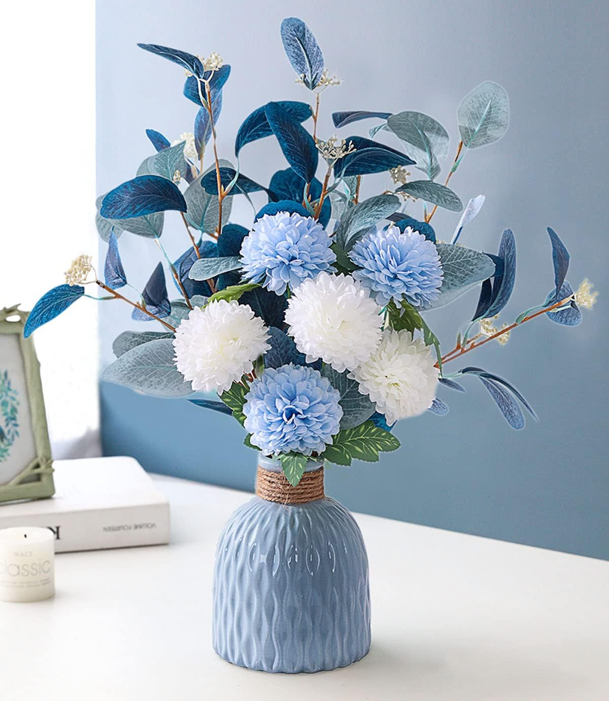 Artificial Flowers with Vases, Fake Hydrangea with Eucalyptus Bouquet Combination, Living Room Family Banquet Party Wedding Decoration…