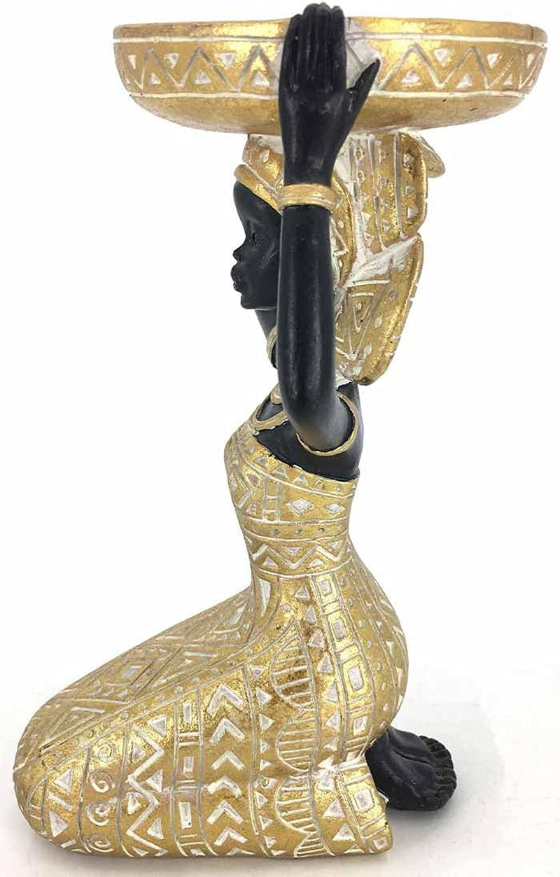 African Lady Figurine Candle Holder with African Tribal Totem for Wedding,Church,Holiday Decor-African Decorative Women Statues, Candlestick Holder for Home and Table Decor(753-Gold)