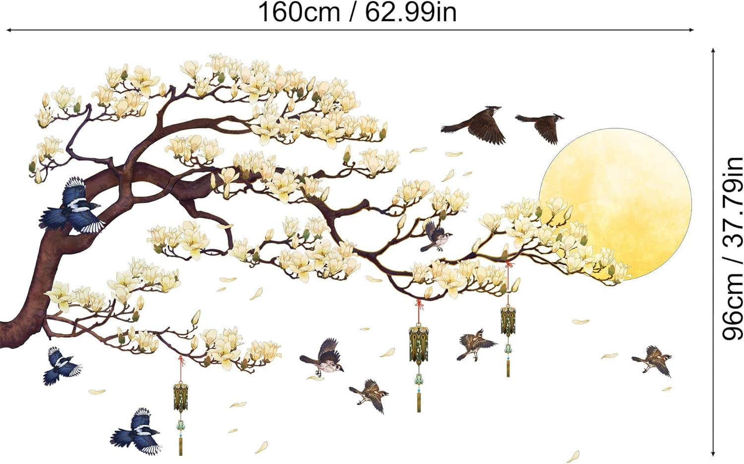 RW-1005 White Magnolia Tree Branch Flying Birds Wall Stickers Peel and Stick 3D DIY Moon Wall Decals Removable Wind Chimes Art Wall Murals for Kids Offices Home Walls Bedroom Decaoration