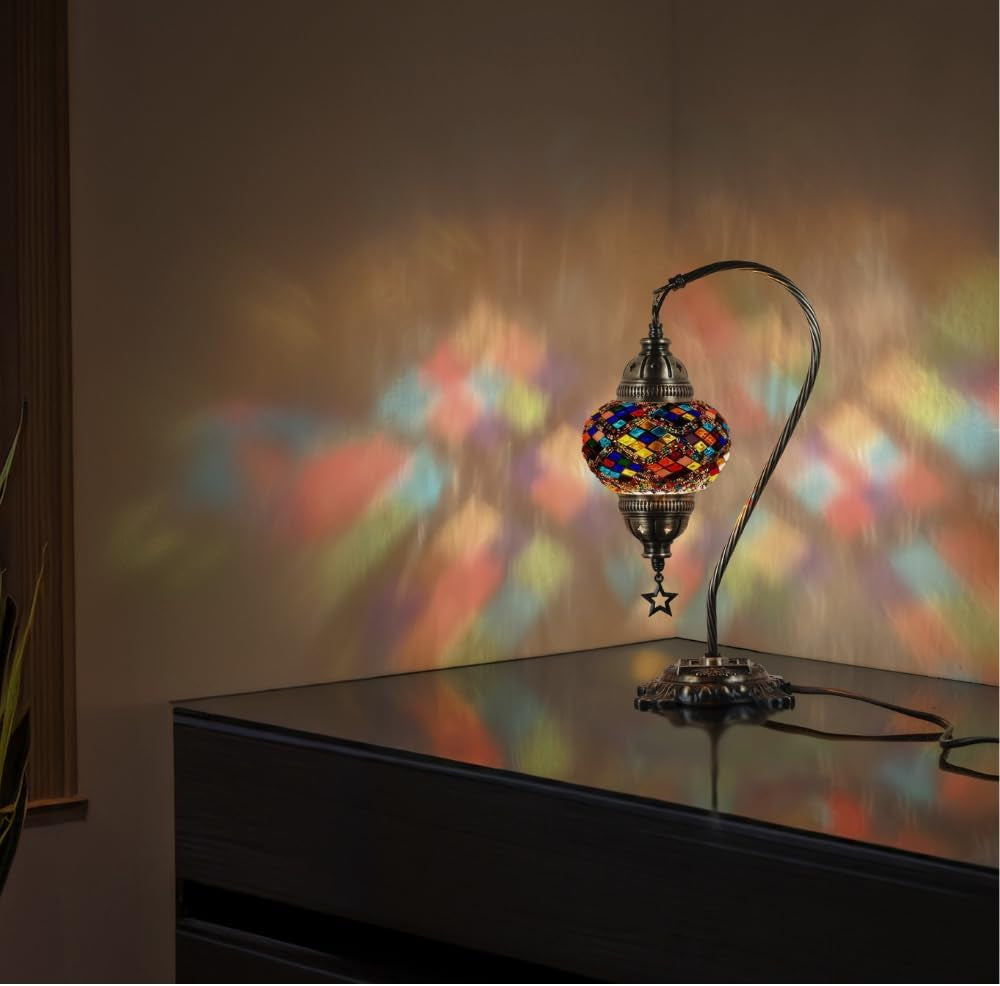 Handmade Turkish Mosaic Table Lamp - Boho Chic Bedside Light in Antique Brass Finish, 15" H, Multicolor Accent for Bedroom & Living Room