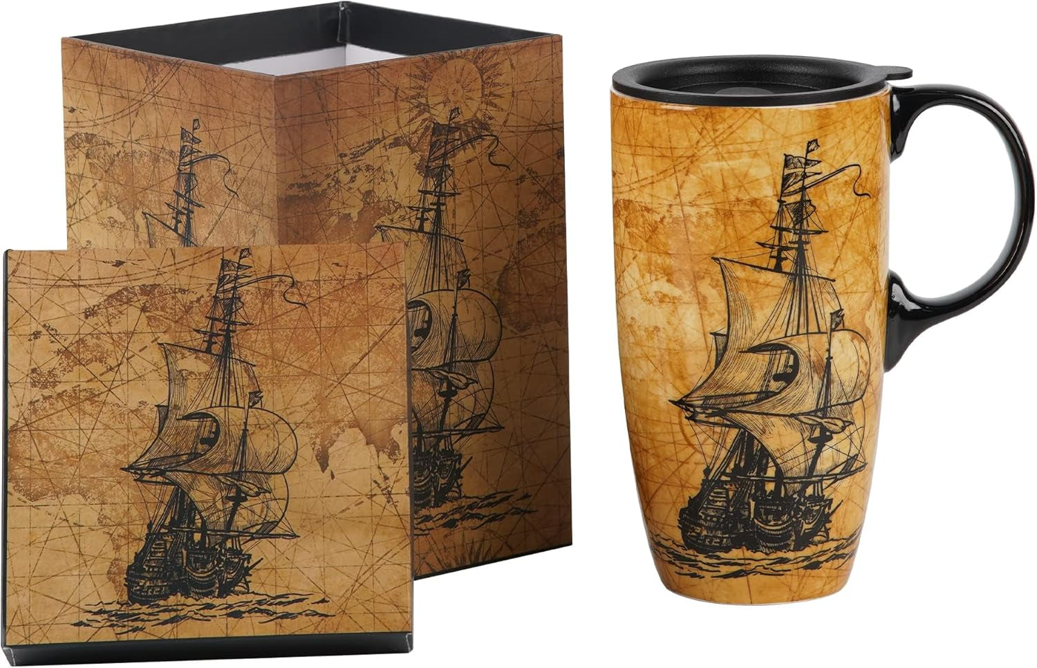 Coffee Ceramic Mug Porcelain Latte Tea Cup with Lid 17Oz, Novelty Coffee Mugs for Men Women Office & Home Sailboat