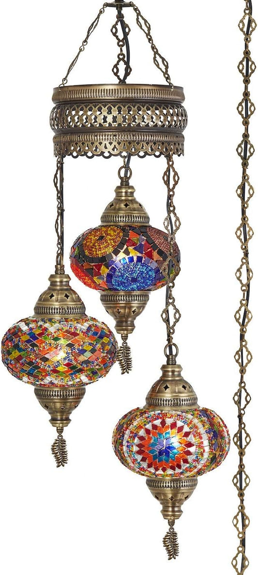 3-Large 7'' Globes Turkish Moroccan Mosaic Plug-In Chandelier - Handmade Pendant Light Fixture with 15-Ft Cord & Chain, Decorative Bohemian Hanging Ceiling Lamp for Living Room, Bedroom, 3.5 Ft