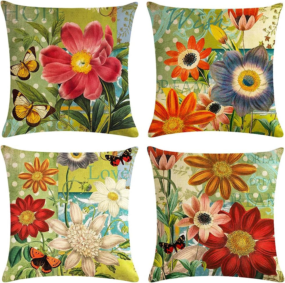 Hand Painting Flowers Pattern Decorative Soft Throw Pillow Case Cushion Covers 18X18 Inches Pack of 4