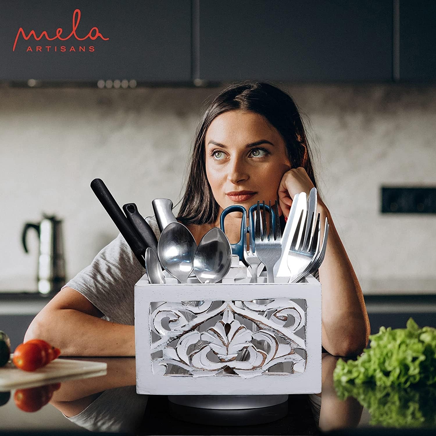 Spinning Wooden Pen Holder - Ellora, Shabby White | Pencil Cups for Desktop Organization | Rustic Farmhouse Decor | Elegant Office Desk Accessories | 4 Storage Compartments