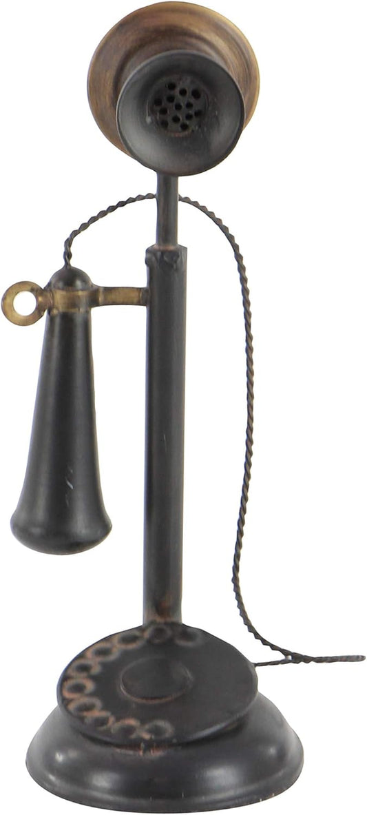 Vintage Metal Telephone Sculpture - Elegant Home Décor Accent Figurine with Tiered Base & Coil Wire Detailing, 13" Black Statuesque Design