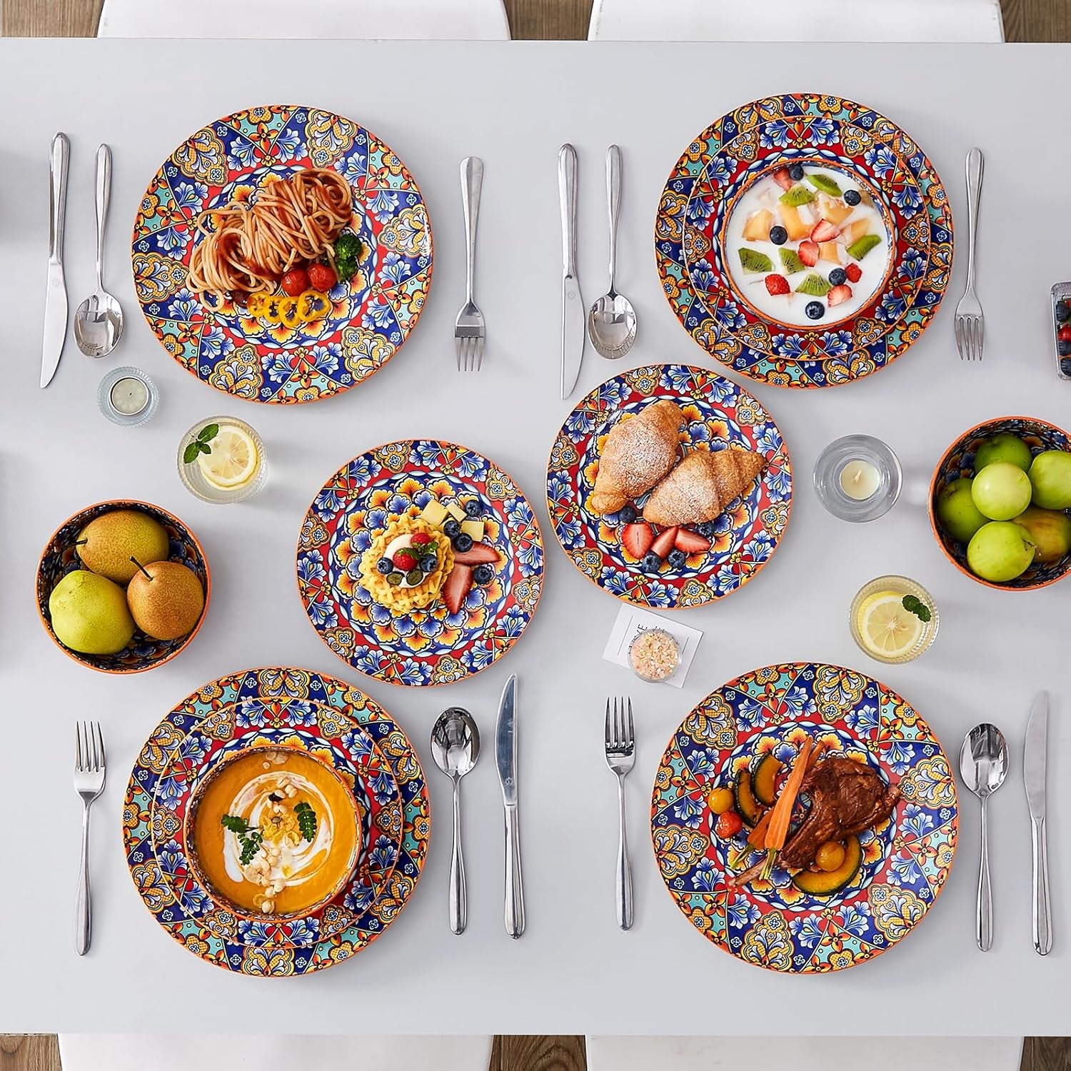 12 Pieces Dinnerware Sets, Orange Plates and Bowls Set, Porcelain Dishes Set for 4, Microwave and Dishwasher Safe, Scratch Resistant, Bohemian Style Dining Ware Service for 4, Series SIMI