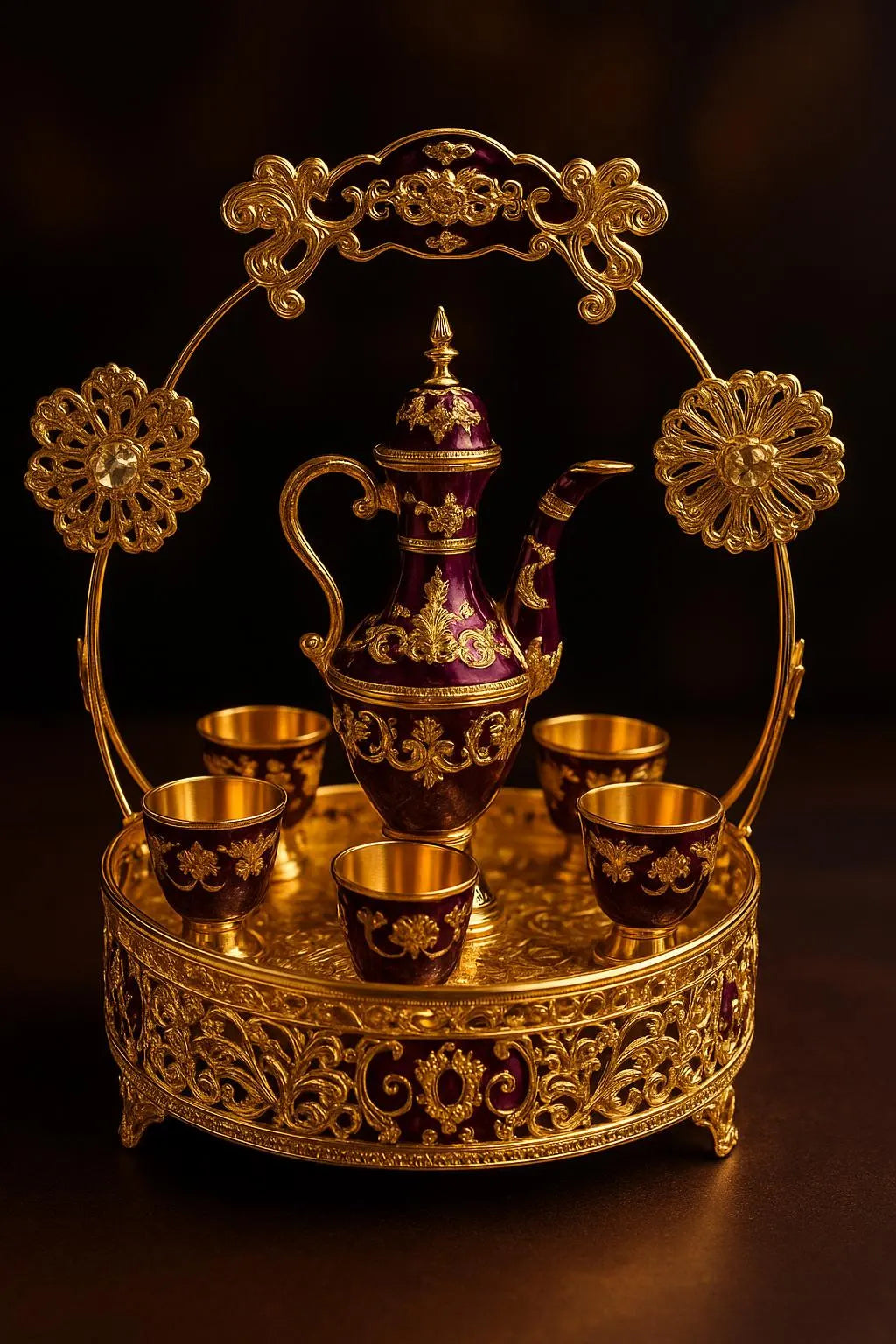 Luxury Arabian Tea Set | Gold-Plated Decorative Dallah & Cups |  Middle Eastern Decor