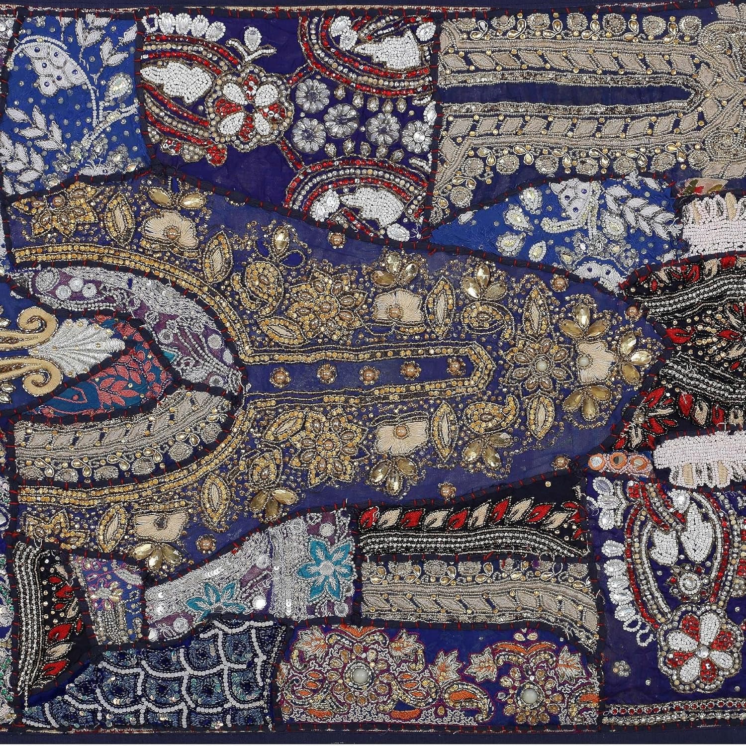 Linen Indian Table Runner 20" W X 80" L, Ethnic 100% Cotton Embroidered Handcrafted Mirror Art Long Patchwork Dining Indian Table Cloth (Blue)