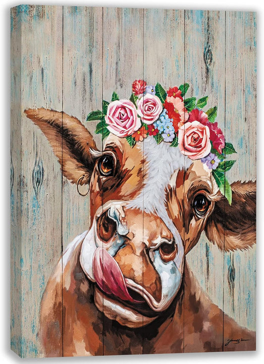 Large Cow Pictures Wall Decor Farmhouse Cute Cow Painting Canvas Wall Art Rustic Country Cow Print Home Picture Decor for Bathroom Kitchen Bedroom 16" X 24"