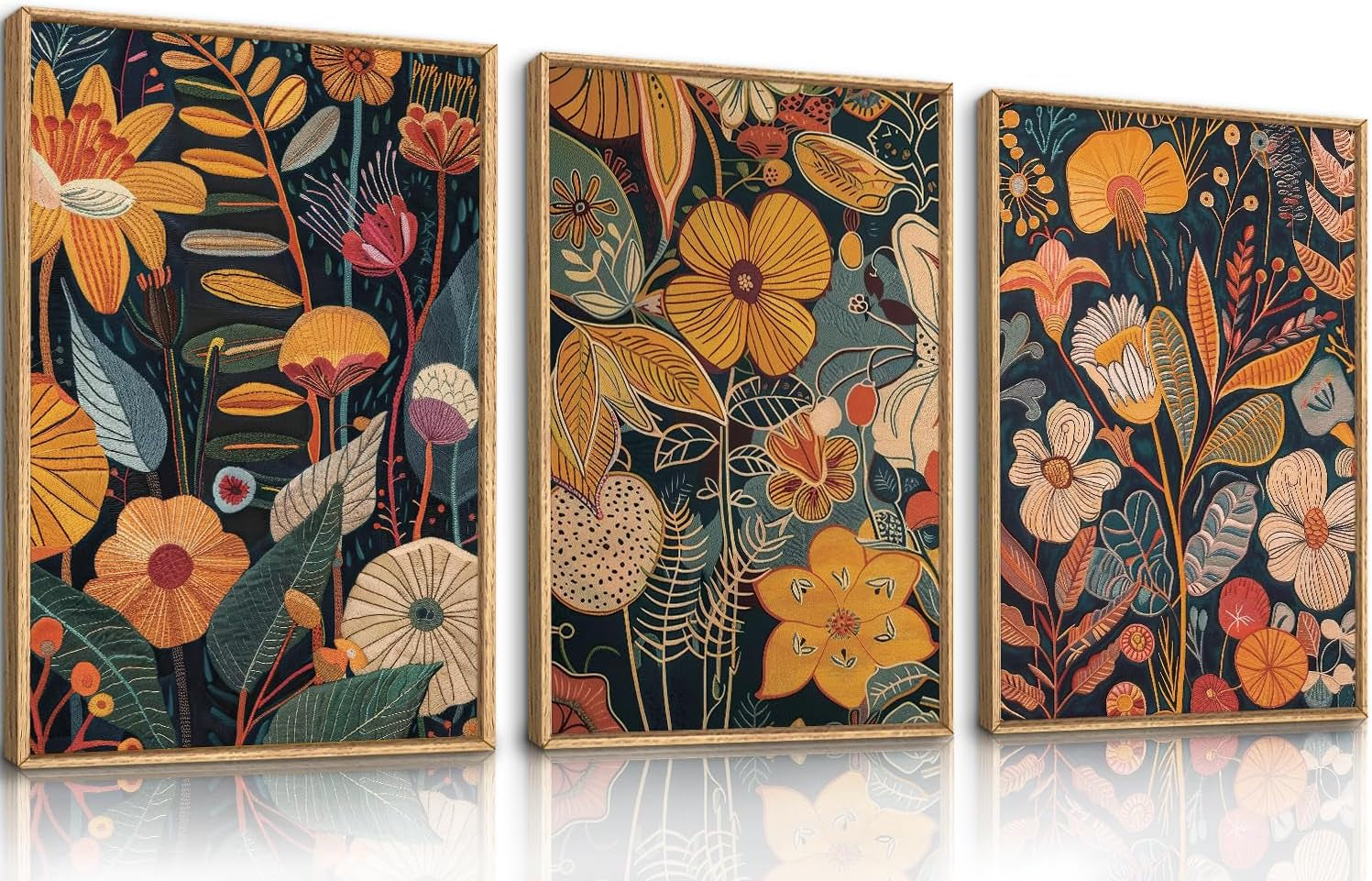 Burnt Orange Floral Framed Wall Art Set, Large Boho Botanical Canvas Wall Decor, Mid Century Modern Plant Wall Prints, 3 Piece 16X24 Inches Art Print for Living Room, Bedroom, Office