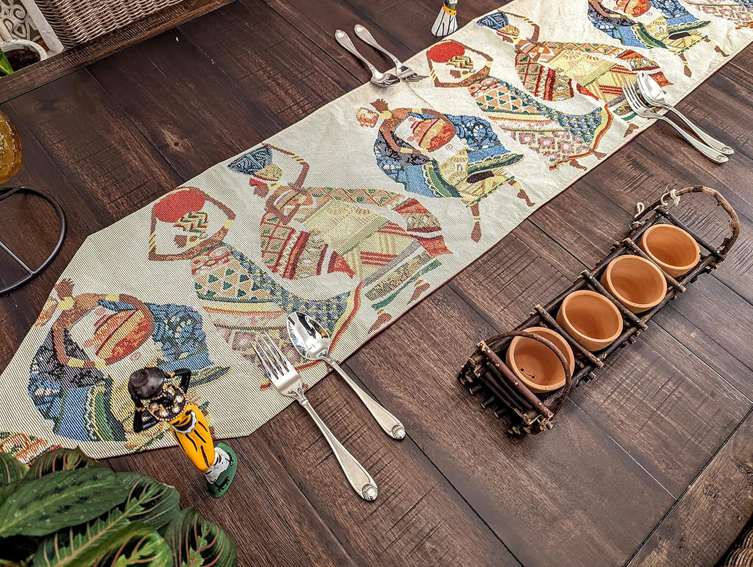 Elegant Tapestry Table Runner - Dancing Women Festive Celebrate Kwanzaa African Ethnic Culture - Multi-Colorful Cotton Linen Woven Kitchen Dining Mats - 13" X 54"