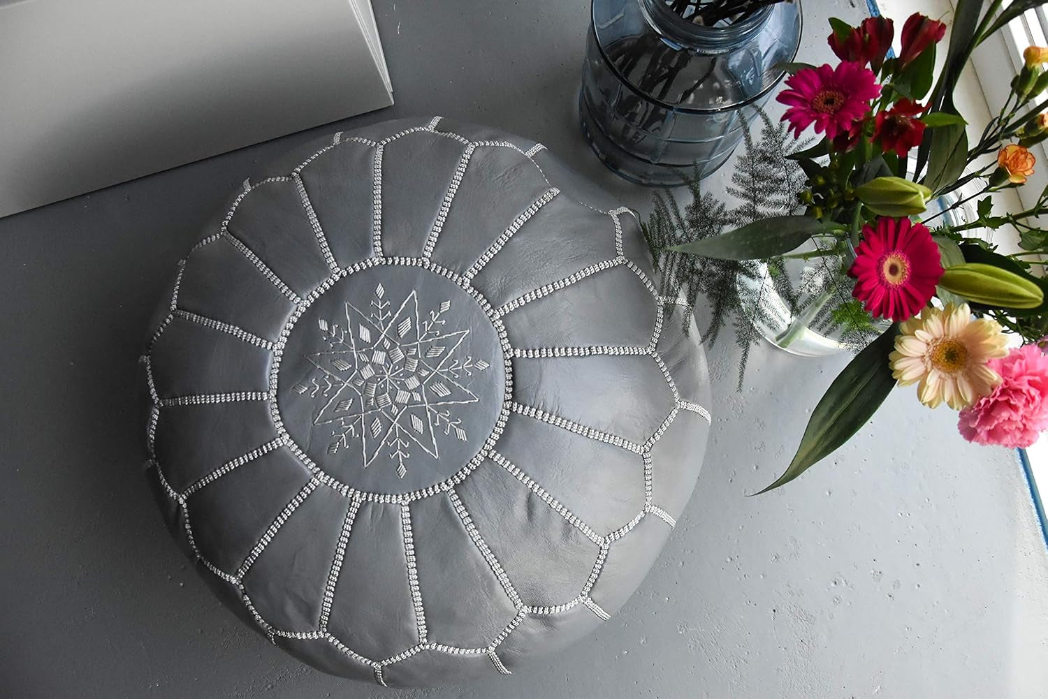 Premium Moroccan Leather Pouf - Handmade - Delivered Stuffed - Ottoman, Footstool, Floor Cushion (Grey)