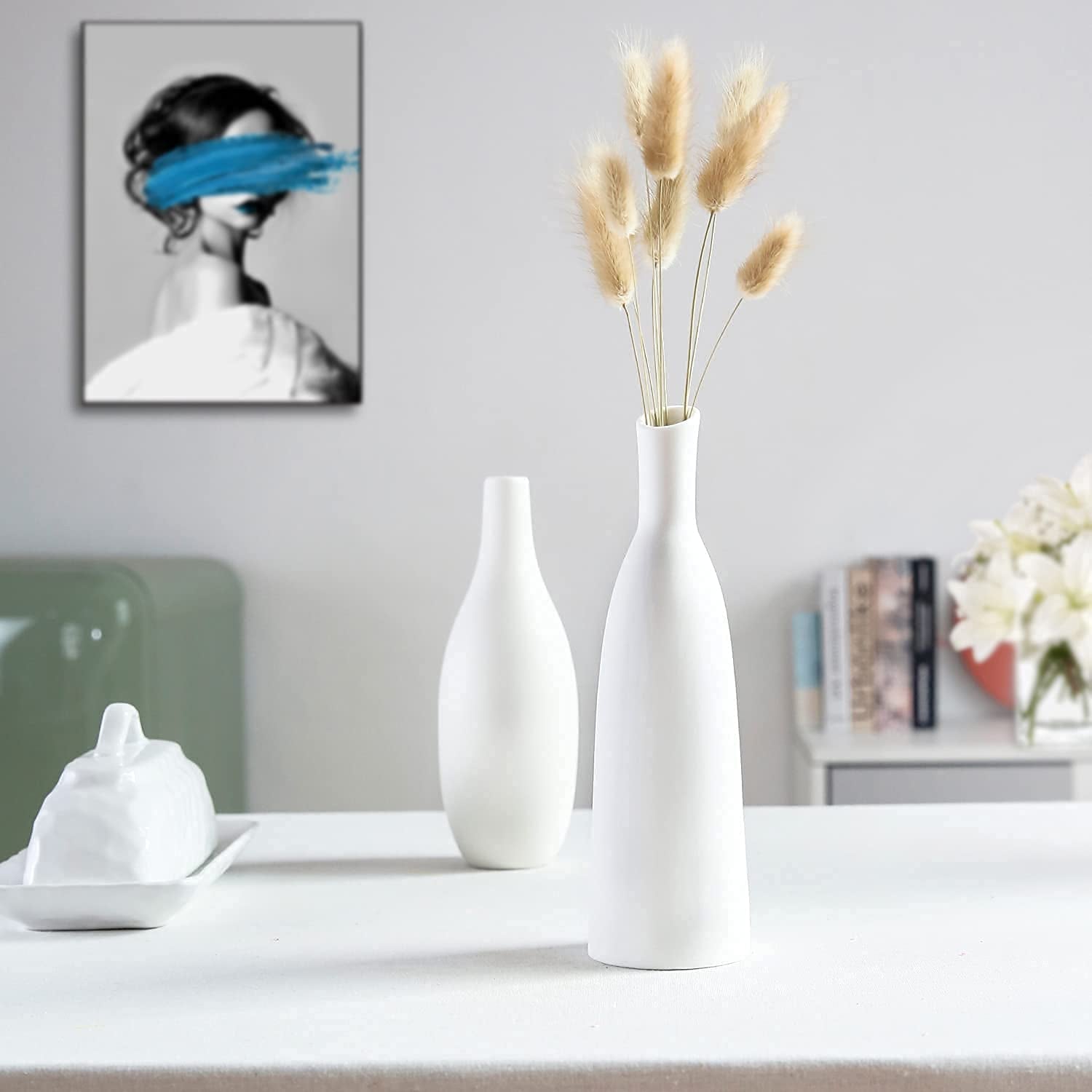 Ceramic Vase Set of 2, Small Flower Vases, White Frosted Matte Surface Vases for Rustic Home Decor