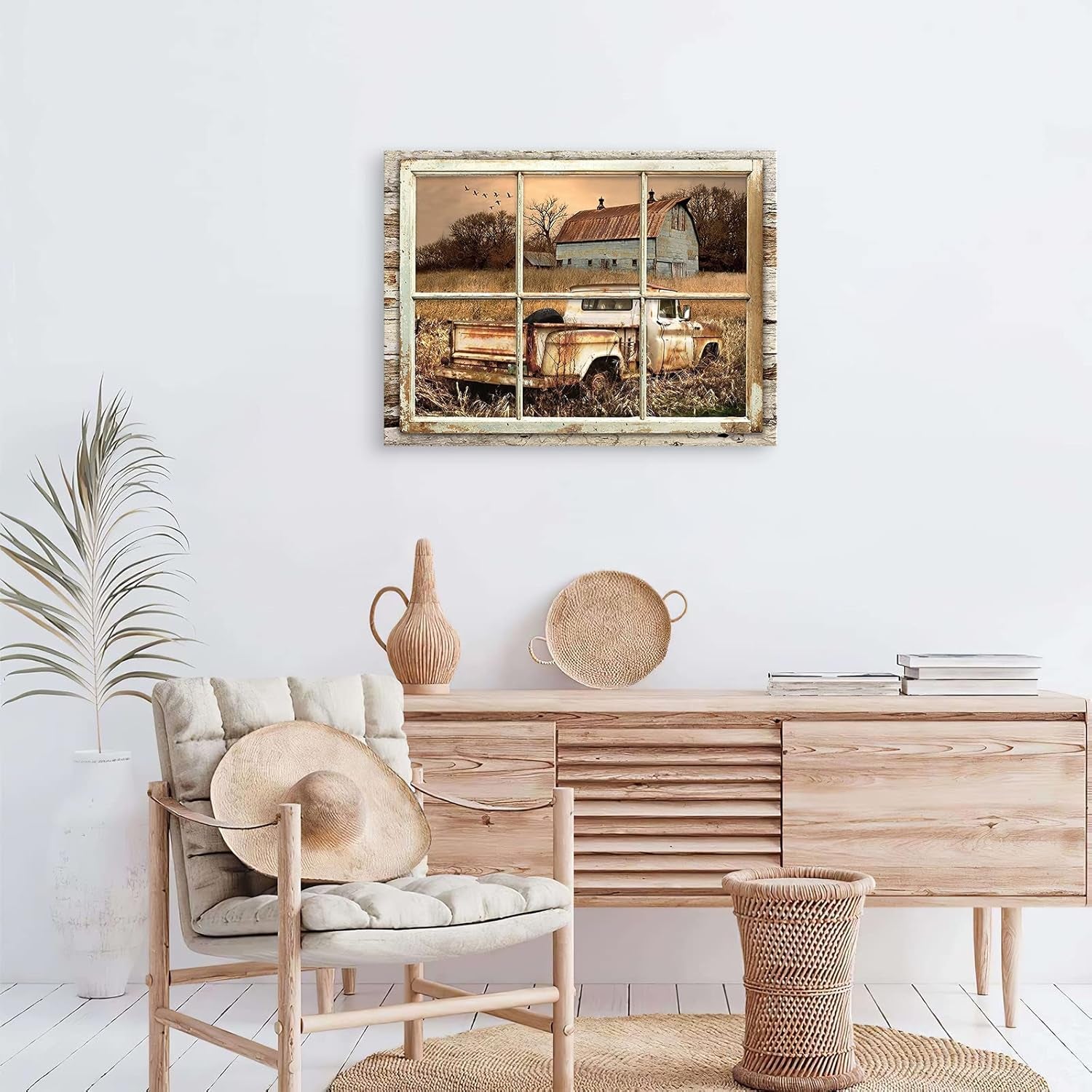 Rustic Old Barn Wall Art Beautiful Barn and Rustic Truck at Sunset through Wooden Window Frame Wall Art for Farmhouse Decor Modern House Wall Art Rustic Retro Canvas Wall Art 20X24 Inch