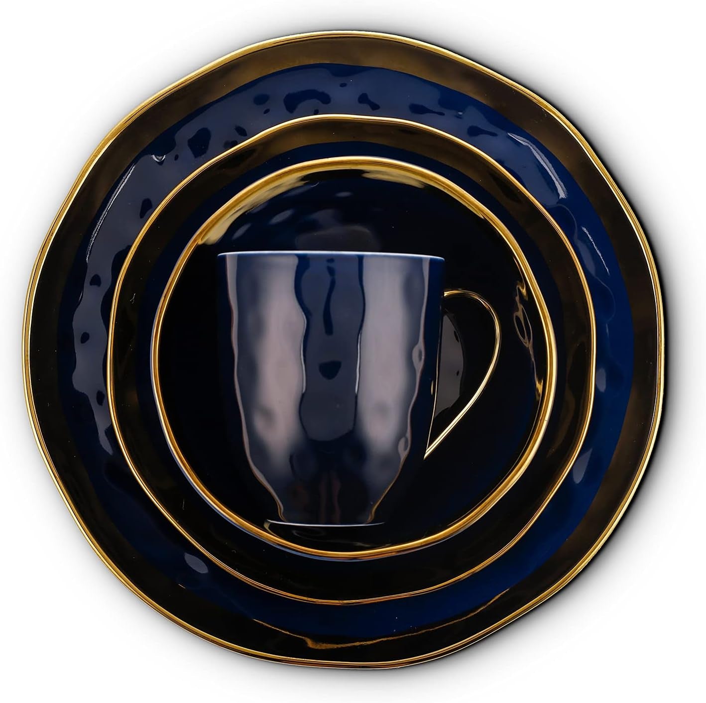 Porcelain 16 Piece Dinnerware Set, Service for 4, Blue and Golden Rim, Dark Blue