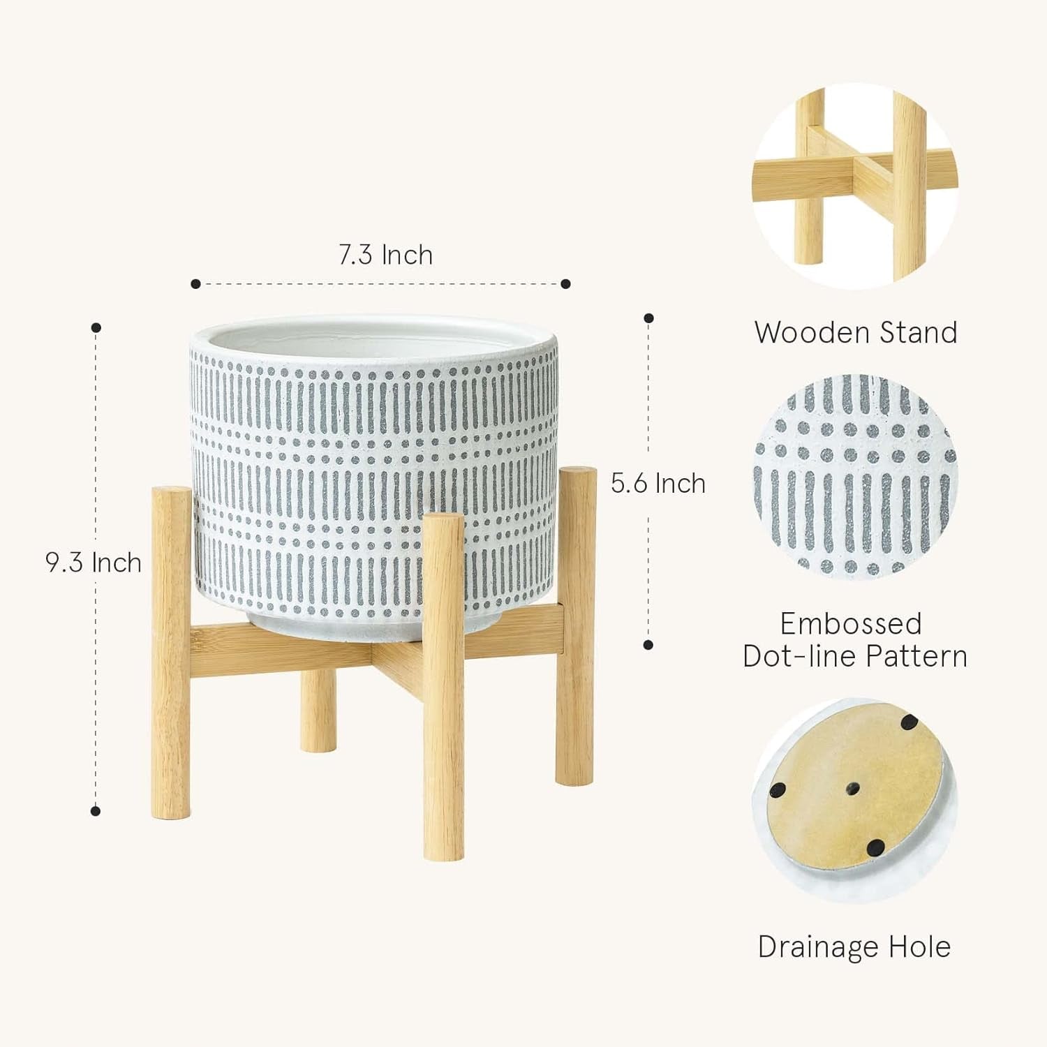 Ceramic Plant Pot with Wood Stand - 7.3 Inch Modern round Decorative Flower Pot Indoor with Wood Planter Holder, Slate Blue and White