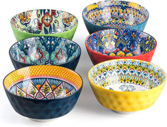 Ceramic Cereal, Soup Bowls Set of 6-25 Oz Porcelain Serving Bowls for Dinner, Pasta, Salad, Oatmeal, Microwave & Dishware Safe - Bohemian Style